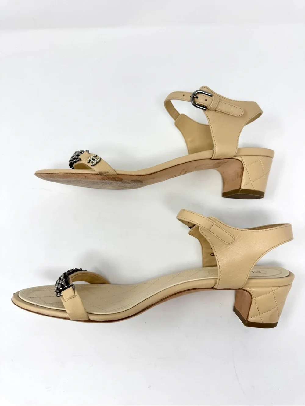 Chanel Nude Tan Beige Chain and Pearl Ankle Strap Quilted Heeled Sandals